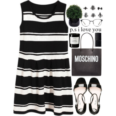 A fashion look from January 2015 featuring striped sleeveless dress, strappy shoes and moschino bag. Browse and shop related looks.