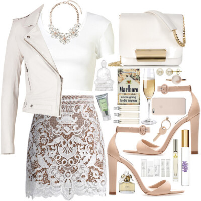 A fashion look from December 2014 featuring white crop t shirt, white leather jacket and white crochet skirt. Browse and shop related looks.