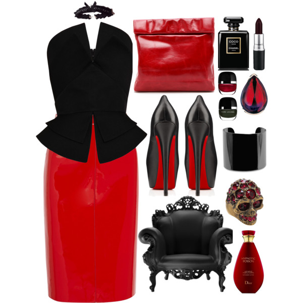 A fashion look from February 2014 featuring peplum tops, red skirt and peep toe pumps. Browse and shop related looks.