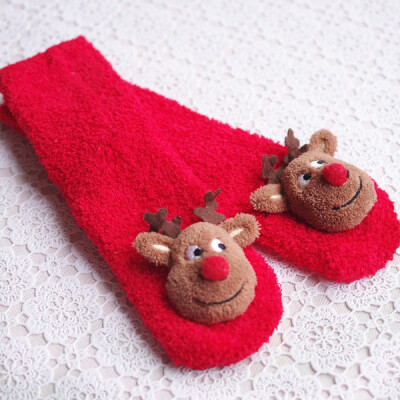5双包邮外贸红色袜子3D立体卡通地板袜点胶防滑保暖半边绒情侣袜
