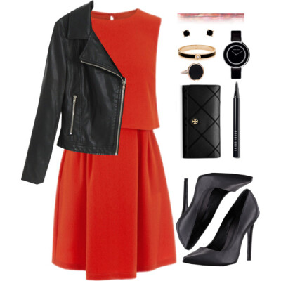 A fashion look from August 2014 featuring red crepe dress, pu leather jacket and classic black leather pumps. Browse and shop related looks.
