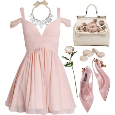 A fashion look from December 2013 featuring white chiffon dress, pink floral bag and clear crystal bib necklace. Browse and shop related looks.