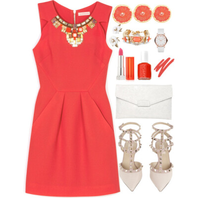 A fashion look from June 2014 featuring red pleated dress, valentino pumps and chain strap purse. Browse and shop related looks.