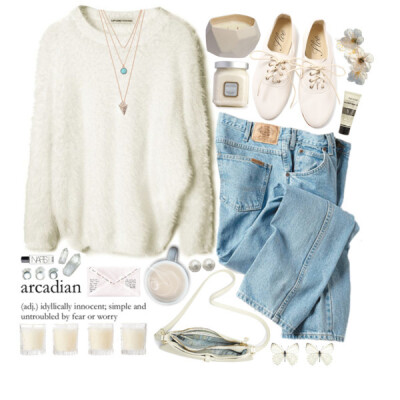 A fashion look from November 2014 featuring white sweater, blue jeans and flat shoes. Browse and shop related looks.