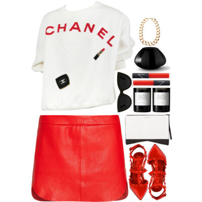 A fashion look from June 2014 featuring chanel tops, leather mini skirt and pointy toe pumps. Browse and shop related looks.