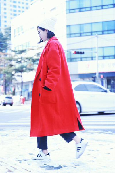DRAZHU 独家定制 欧美街拍韩国简约经典羊毛长款外套大衣 红灰蓝