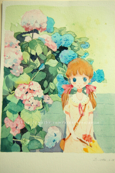 小鸟小姐手绘 紫阳花下的闺蜜~~