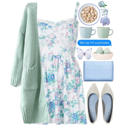 A fashion look from January 2015 featuring floral dress, green cardigan and bridal shoes. Browse and shop related looks.