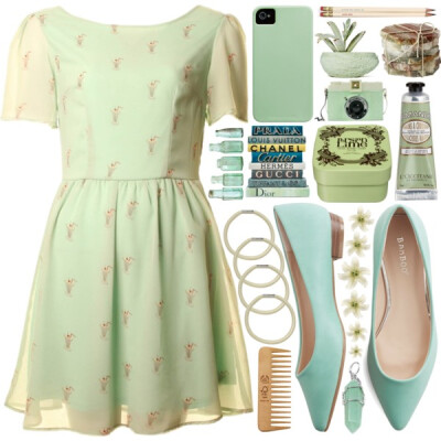 A fashion look from November 2014 featuring print skater dress, pointy toe ballet flats and green pendant. Browse and shop related looks.