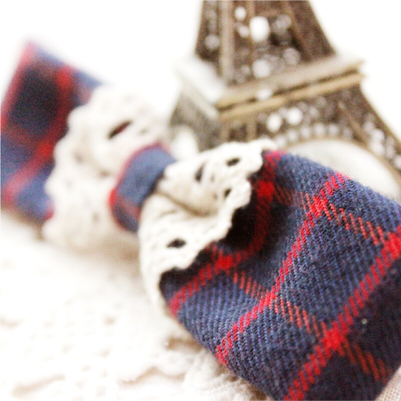 原创手工英伦学院发夹 红蓝格子蕾丝发饰头饰 满包邮