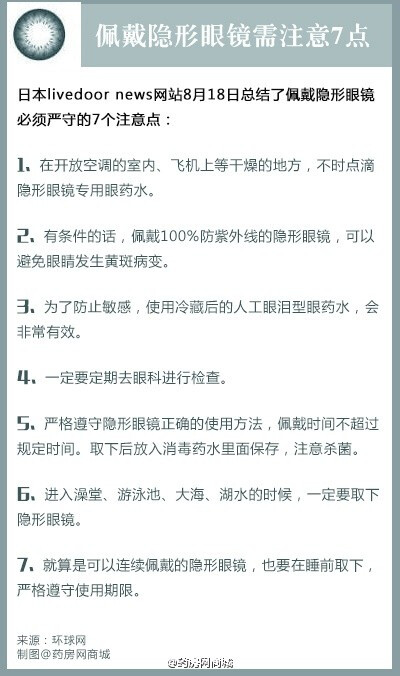 #提示# 【佩戴隐形眼镜的你，做到这几点了没？】戴隐形眼镜，不卫生习惯 易发炎症。日本livedoor news网站近期总结了佩戴隐形眼镜必须严守的7个注意点。为了眼睛的健康，你做到了哪几点呢？