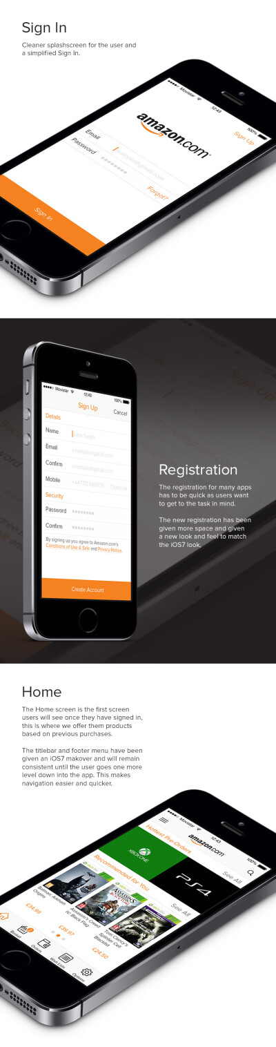 这是针对Amazon的iOS7客户端的深度修改，登录和注册更加渐变，留白的使用令页面更加整洁，其他的功能也进行了相当的优化。