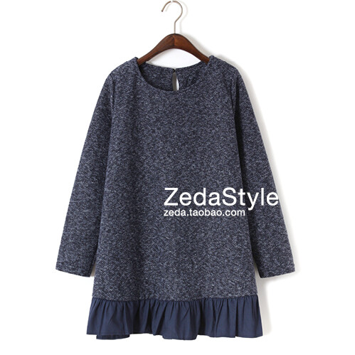 欧美 混色花纹拼接荷叶裙摆T恤连衣裙 宽松大码中长款胖MMT裙女装