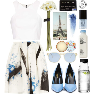 A fashion look from March 2014 featuring white tops, blue skirt and blue pumps. Browse and shop related looks.