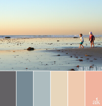 a beach-sunset-inspired color palette // gray, blue, peach, sand