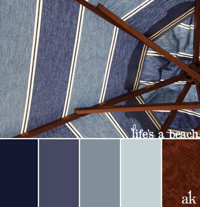 an umbrella-inspired nautical color palette // blues and brown, wood