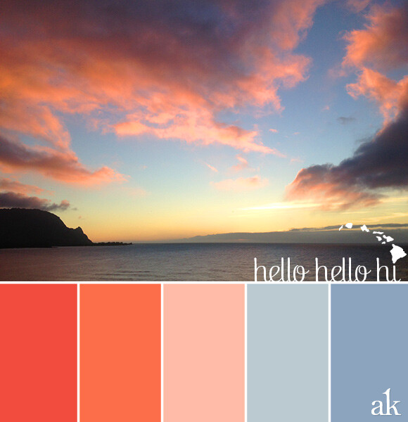 a Hawaiian-sunset-inspired color palette // red, neon orange, peach, blue