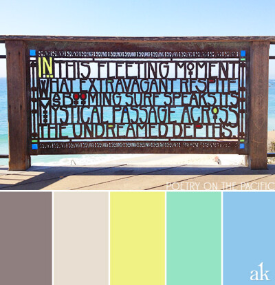 a seaside-sign-inspired color palette // taupe, sand, neon yellow, seafoam green, blue