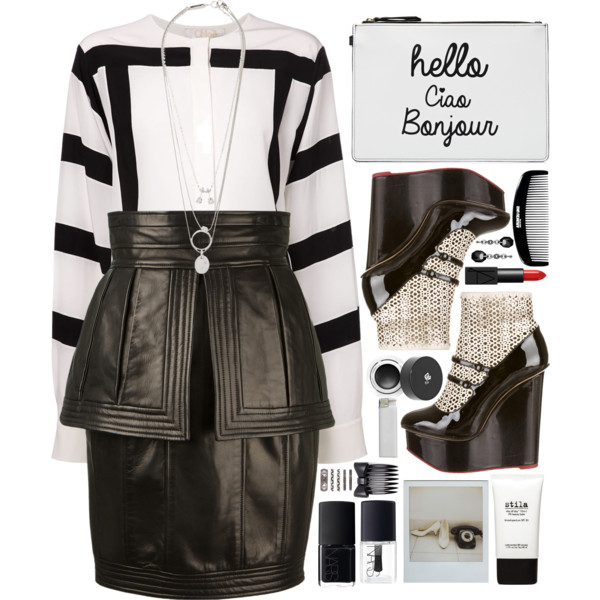 A fashion look from January 2015 featuring striped long sleeve shirt, zipper skirt and black patent boots. Browse and shop related looks.