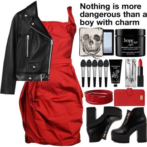 A fashion look from December 2014 featuring red dress, leather jacket and Dr. Martens. Browse and shop related looks.