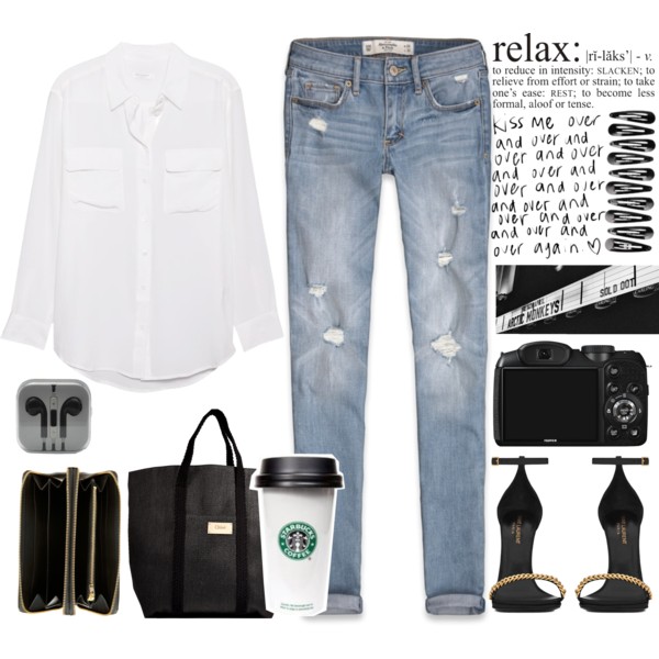 A fashion look from June 2014 featuring white shirt, blue jeans and platform sandals. Browse and shop related looks.