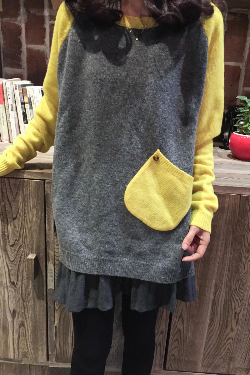 韩国进口秋冬a34267时尚气质撞色斜口袋套头毛衣