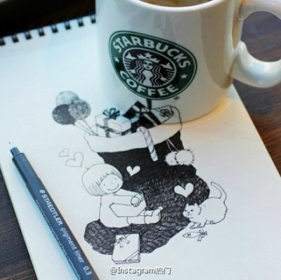 日本漫画师Tomoko Shintani在喝Starbucks时画下的小清新插画，让故事在纸面与杯子表面蔓延开来，是不是别有一番乐趣｜ins：tokomo