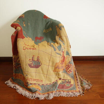 coznap select美式复古做旧世界地图纯棉流苏线毯 粗织沙发盖毯