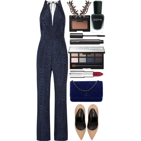 A fashion look from January 2015 featuring blue jump suit, pointed toe high heel pumps and velvet bag. Browse and shop related looks.