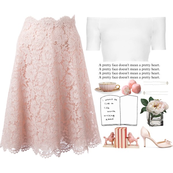A fashion look from January 2015 featuring off shoulder top, pink skirt and wedding pumps. Browse and shop related looks.