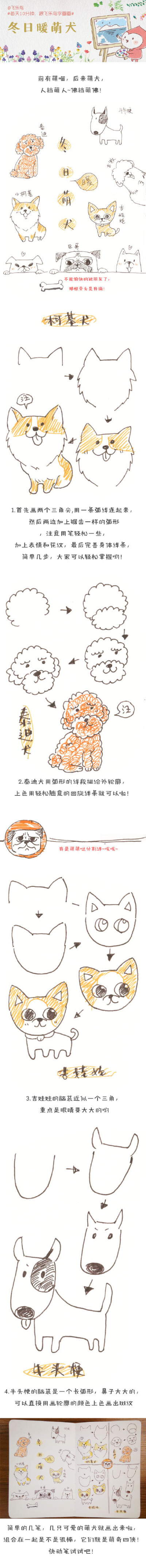 #每天10分钟，跟飞乐鸟学画画# 冬日暖系列萌喵当道，萌犬也不甘示弱组队来卖萌啦！你看窝这么可爱还不动笔画粗来吗？！大家用圆珠笔、签字笔、彩铅或者其他工具都可以，发挥你的创意吧！