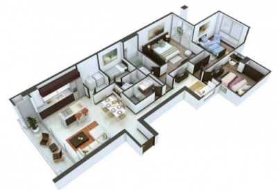 三居室户型3D布局效果图(分享是力量, 来源:互联网)