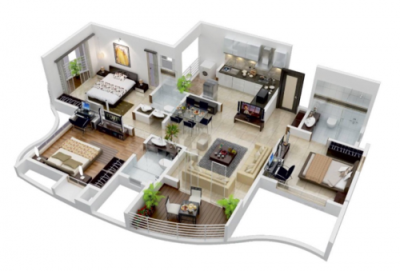 三居室户型3D布局效果图(分享是力量, 来源:互联网)