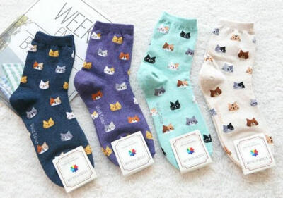 韩国卡通小猫图案女袜子棉袜中筒袜棉线袜短袜女人