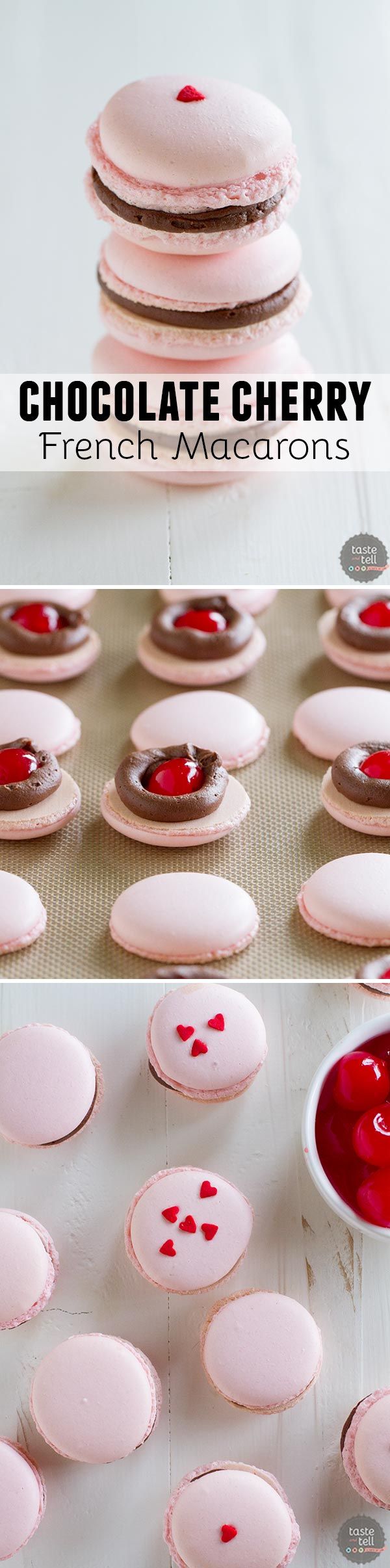 French macarons, made using the Italian Meringue Method, are filled with a chocolate buttercream and a maraschino cherry. These chocolate cherry French Macarons are the perfect way to jazz up a chocolate covered cherry!