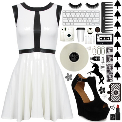 A fashion look from February 2014 featuring faux leather skater dress, wedges shoes and red lipstick. Browse and shop related looks.