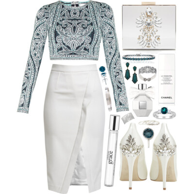 A fashion look from January 2015 featuring white crop top, pencil skirt and evening shoes. Browse and shop related looks.