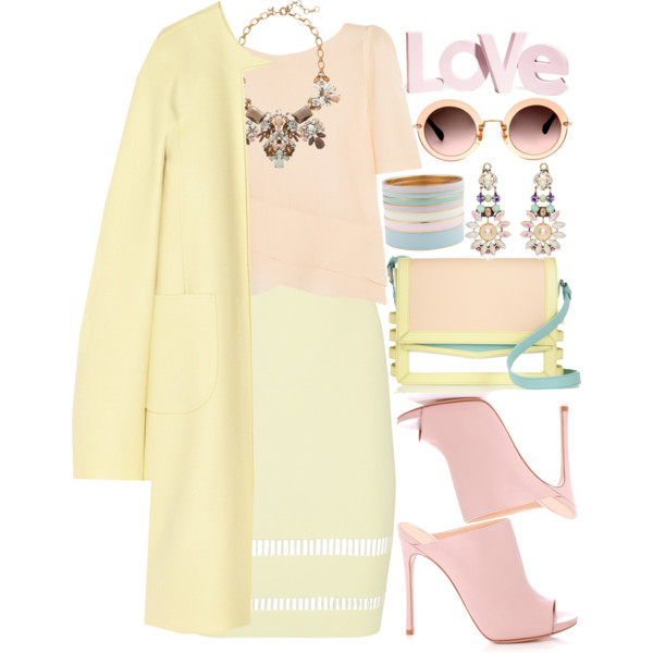 A fashion look from March 2014 featuring pastel shirts, beige coat and knee length pencil skirt. Browse and shop related looks.