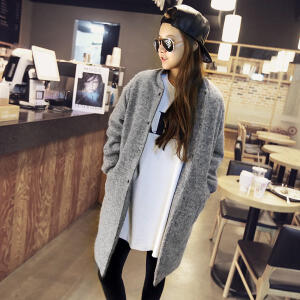 韩版 宽松长款棒球服 毛呢外套 夹棉加厚