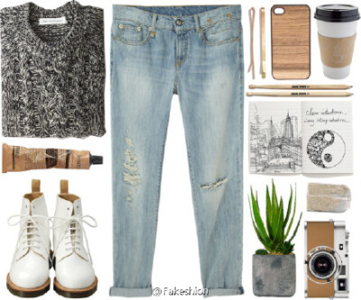 △灰色针织套头毛衣 x 洗水牛仔裤 x 白色系带靴（①毛衣：ETOILE ISABEL MARANT ②裤子：Relaxed Skinny ③鞋子：Dr. Martens）