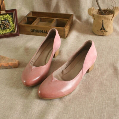 文艺复古尖头手工女鞋真皮 原创定制粗跟单鞋 粉色