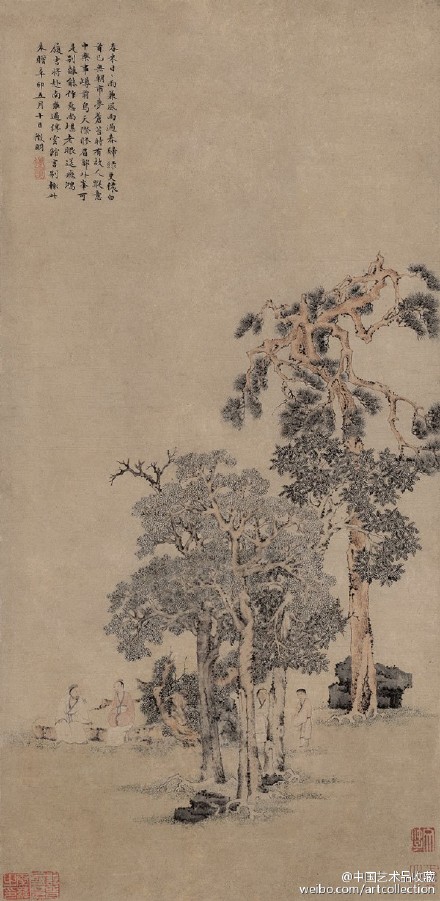 #明四家#【 明 文徵明 《送别图》 】立轴，纸本设色，71×35cm，1518年作，台北故宫博物院藏。 题识：“春来日日雨兼风，雨过春归绿更秾，白首已无朝市梦，苍苔时有故人踪。意中乐事樽前鸟，天际修眉郭外峰，可是别离能作态，尚堪老眼送飞鸿。履吉将赴南雍过停云馆言别辄此来赠。辛卯五月十日徵明。”