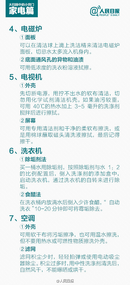 【不留死角！春节年前大扫除中的小窍门】春节将至，是时候利用周末进行年前大扫除了！还在担心扫除又脏又累？用好扫除小神器，帮你省钱又省力：牙膏可以清瓷砖、洋葱可以擦玻璃、面包片能吸油渍……厨房、厕所和客厅，不同房间不同清洁小妙招，还不赶紧戳图学习！转发收藏，轻松扫除动起来！