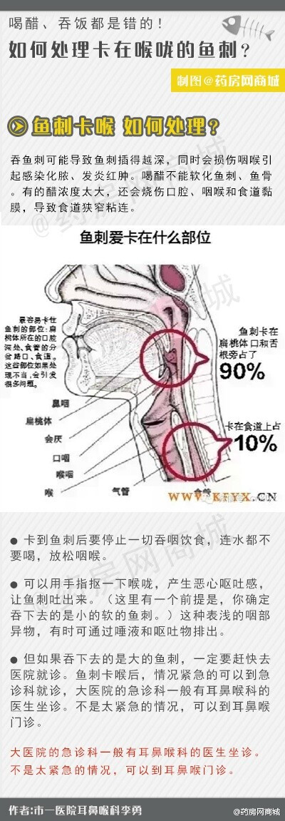 #急救知识# 【如何处理卡在喉咙的鱼刺？】鱼刺卡喉咙了，很多人喜欢用土办法急救，哗啦啦的喝醋喝水，扒几口白饭，想把鱼刺给吞下去。但是！吞鱼刺可能导致鱼刺插得越深，同时会损伤咽喉引起感染化脓、发炎红肿。既…