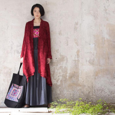 高棉的微笑羽儿原创设计*春装棉麻提花长款女式风衣外套