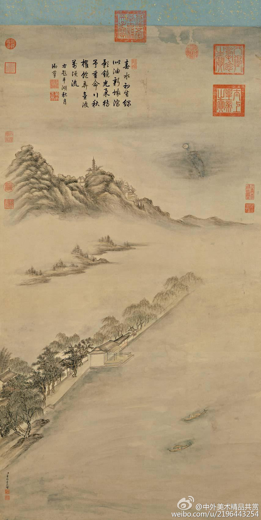 清 董邦達《平湖秋月禦題圖》—— 絹本設色，清代董邦達國畫作品，現(xiàn)藏臺北故宮博物院。