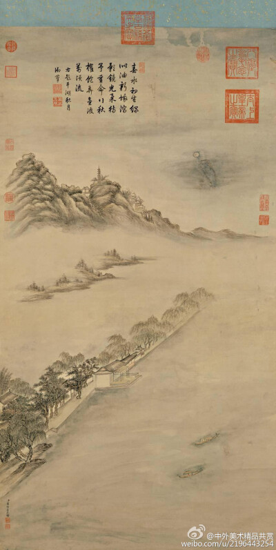 清 董邦達(dá)《平湖秋月禦題圖》—— 絹本設(shè)色，清代董邦達(dá)國畫作品，現(xiàn)藏臺北故宮博物院。