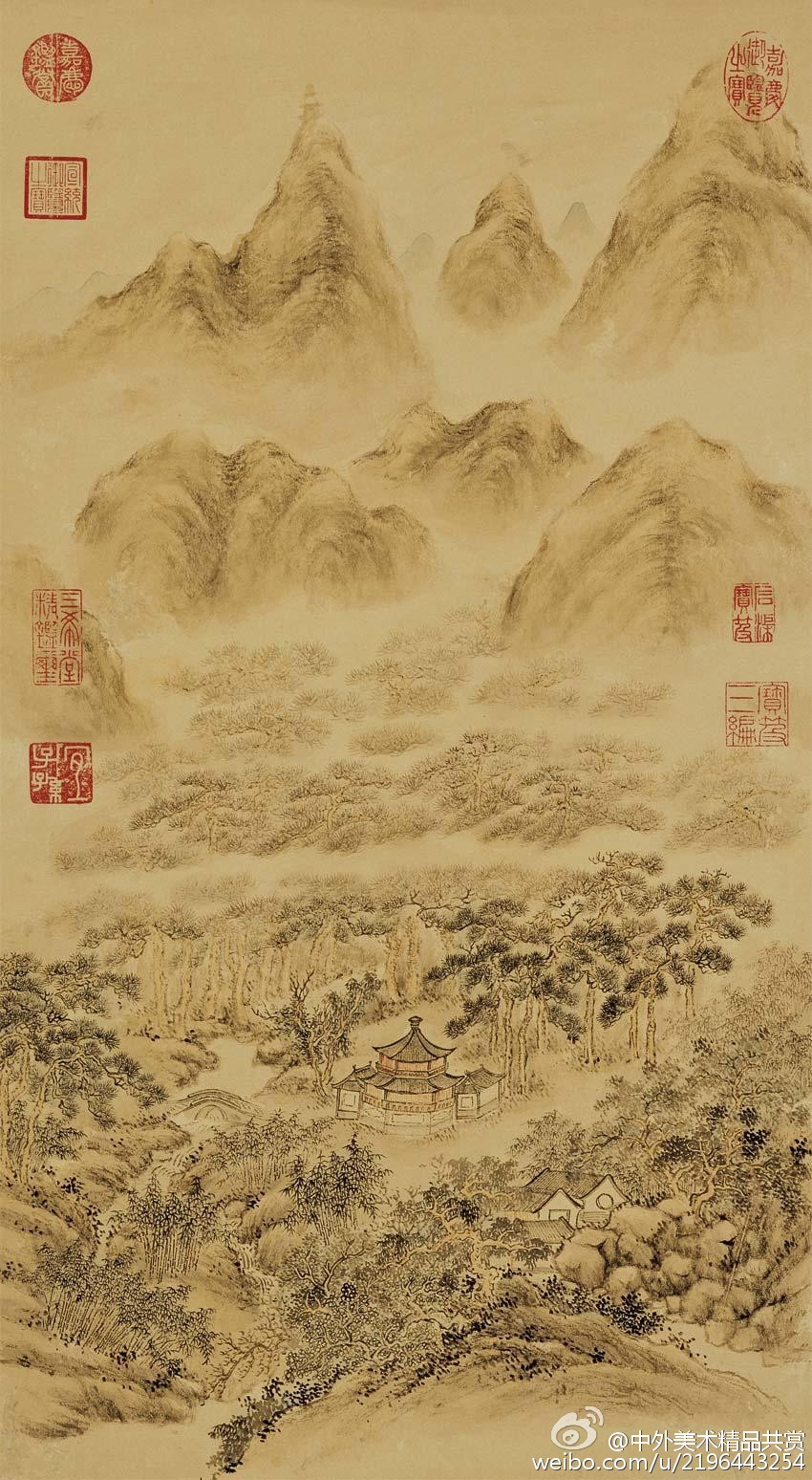 清 董邦達(dá)《雙峰插雲(yún)圖+禦題圖》—— 絹本設(shè)色，清代董邦達(dá)國畫作品，現(xiàn)藏臺北故宮博物院。