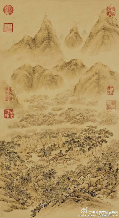 清 董邦達(dá)《雙峰插雲(yún)圖+禦題圖》—— 絹本設(shè)色，清代董邦達(dá)國畫作品，現(xiàn)藏臺北故宮博物院。