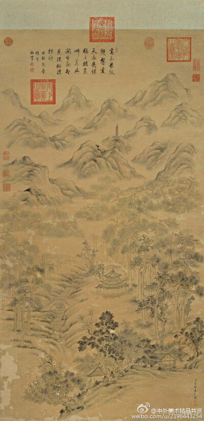 清 董邦達《雙峰插雲(yún)圖+禦題圖》—— 絹本設(shè)色，清代董邦達國畫作品，現(xiàn)藏臺北故宮博物院。